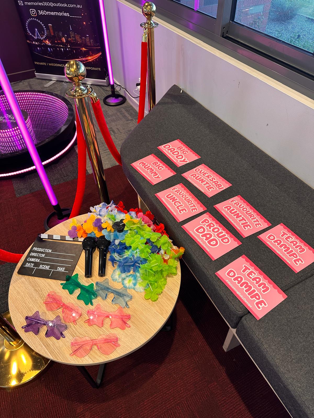 Baby shower prop table with themed cards